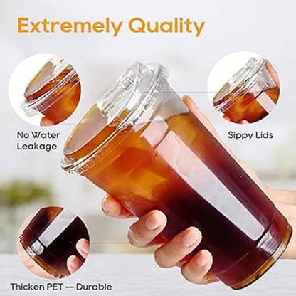 20 PCS,Disposable Coffee Cups - Direct Drink Lid, Leak-Proof PET, for Cafes, Milk Tea Shops, Parties & Cold Drinks
