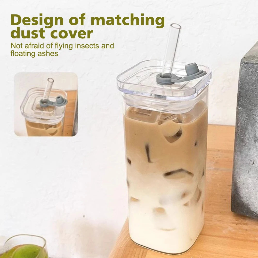 2Pcs Transparent Square Glass Cup with Lid and Straw Creative Hot and Cold Drink Glass Cup Home Bar Milk Juice Mug