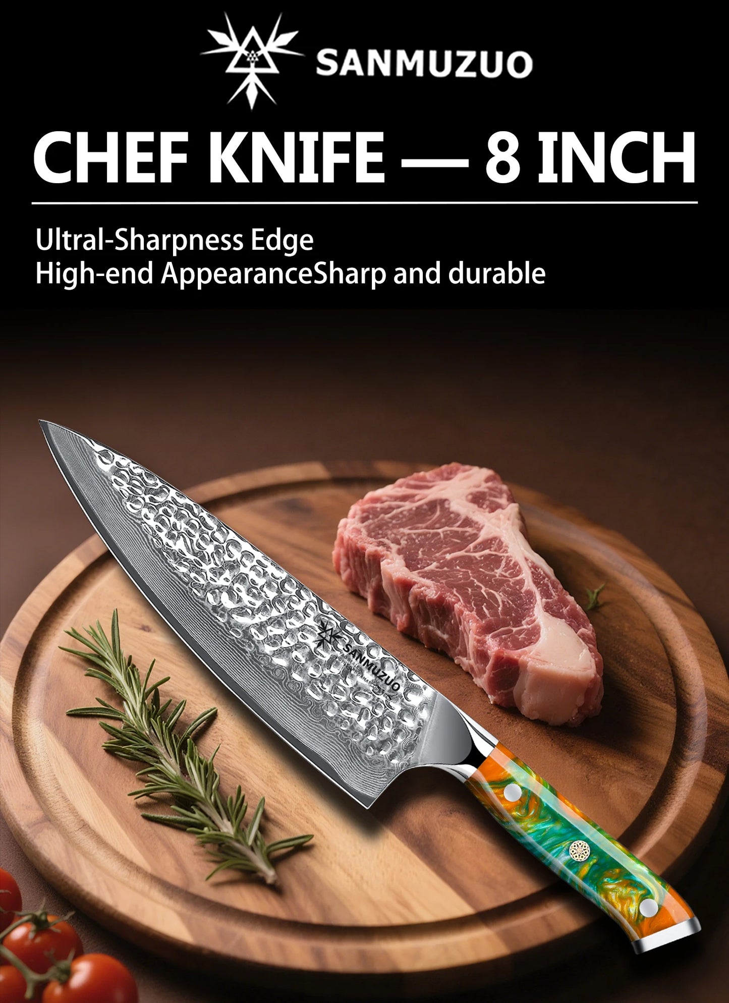 SANMUZUO 8 Inch Chef Knife - YAO Series - Premium Damascus Steel Kitchen Knife with Resin Handle - Suitable for Meat&Vegetables
