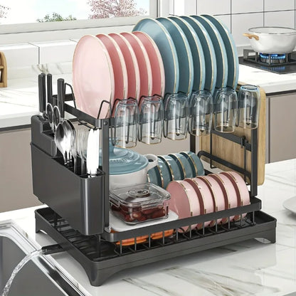 2-Tier Metal Dish Drying Rack with Drainboard – Space-Saving Counter Organizer