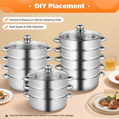 5-Tier Stainless Steel Steamer 15kg  Adjustable Grids Glass Lid for Home Kitchen Restaurant Dormitory Cooking