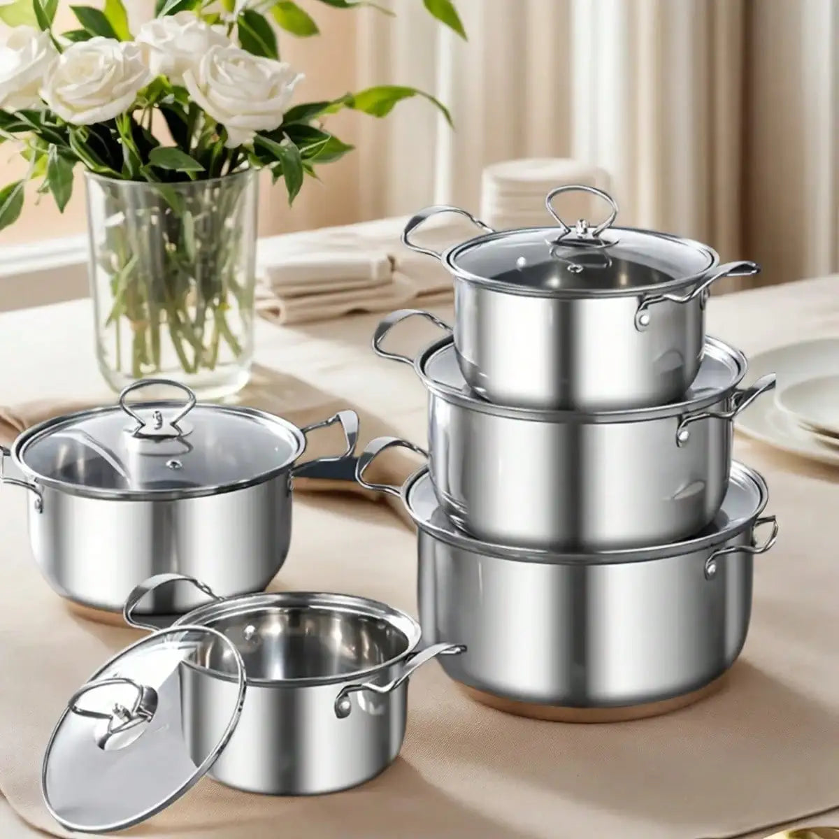 10-Piece Stainless Steel Cookware Set - Soup Pot/Frying Pan/Sauce Pan with Lids, Fit Induction/Electric/Gas Stoves