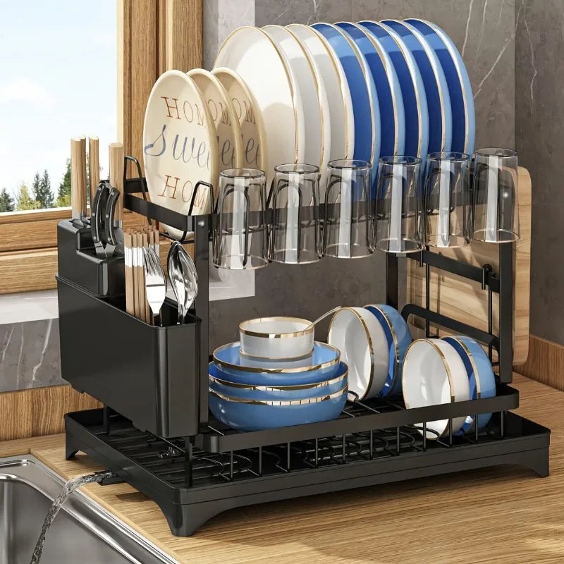 2-Tier Metal Dish Drying Rack with Drainboard – Space-Saving Counter Organizer