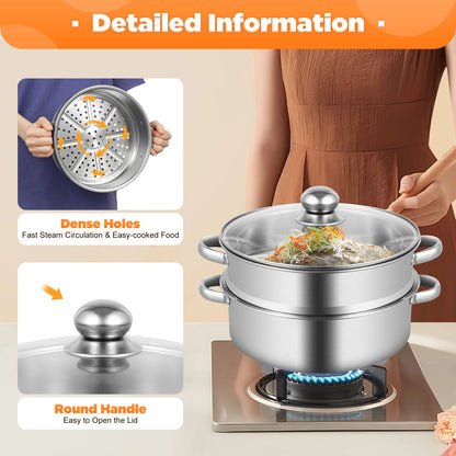 5-Tier Stainless Steel Steamer 15kg  Adjustable Grids Glass Lid for Home Kitchen Restaurant Dormitory Cooking