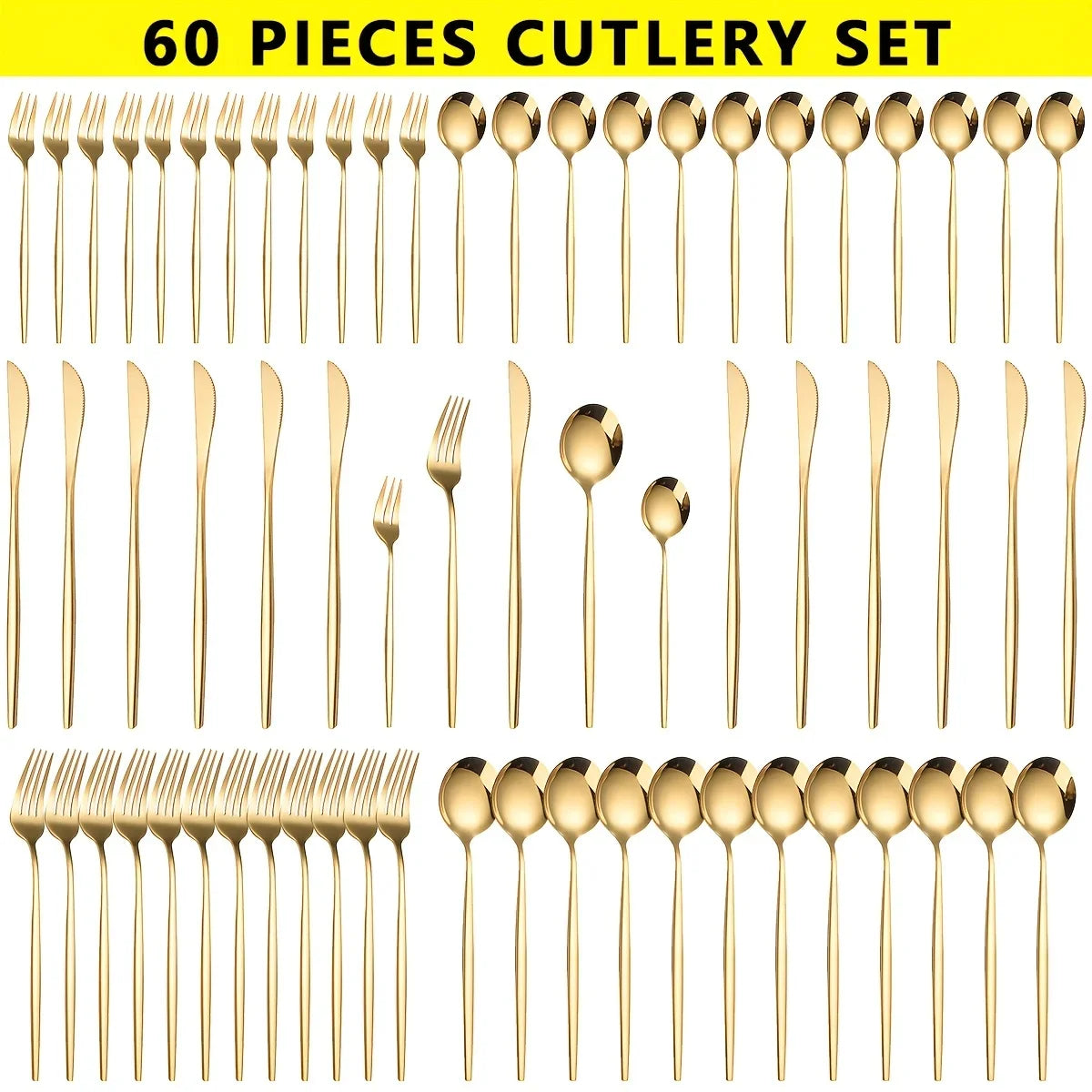 60-Piece Luxe Golden Stainless Steel Cutlery Set – Mirror Polished, Dishwasher Safe
