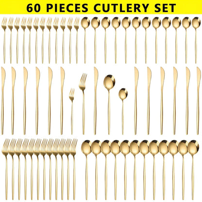 60-Piece Luxe Golden Stainless Steel Cutlery Set – Mirror Polished, Dishwasher Safe