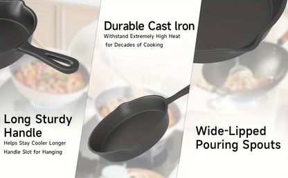 3PCS Pre-Seasoned Cast Iron Skillet Set (6/8/10 Inch) – Heavy-Duty Frying Pans for Oven, Grill & Campfire Cooking, Even Heat with Natural Non-Stick Surface