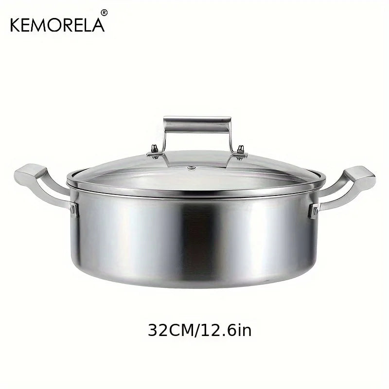 KEMORELA 304 Stainless Steel Hot Pot - German Five-Layer Steel European Style Double Handle Soup Pot with Glass Lid, for Home