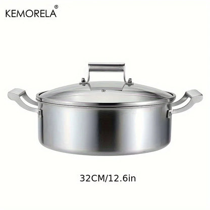 KEMORELA 304 Stainless Steel Hot Pot - German Five-Layer Steel European Style Double Handle Soup Pot with Glass Lid, for Home