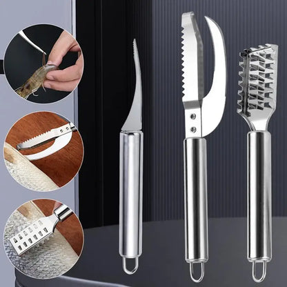 Fish Scale Remover & Shrimp Deveiner Tool – Stainless Steel Scaler Knife, Skin Brush & Kitchen Tweezers for Seafood Cleaning
