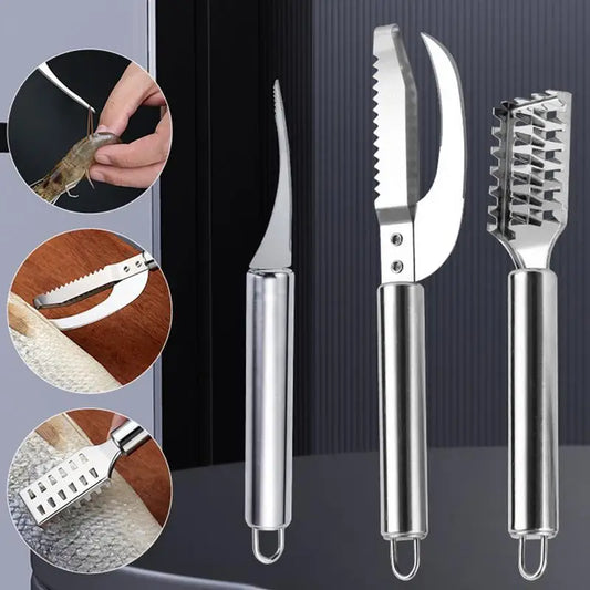 Fish Scale Remover & Shrimp Deveiner Tool – Stainless Steel Scaler Knife, Skin Brush & Kitchen Tweezers for Seafood Cleaning