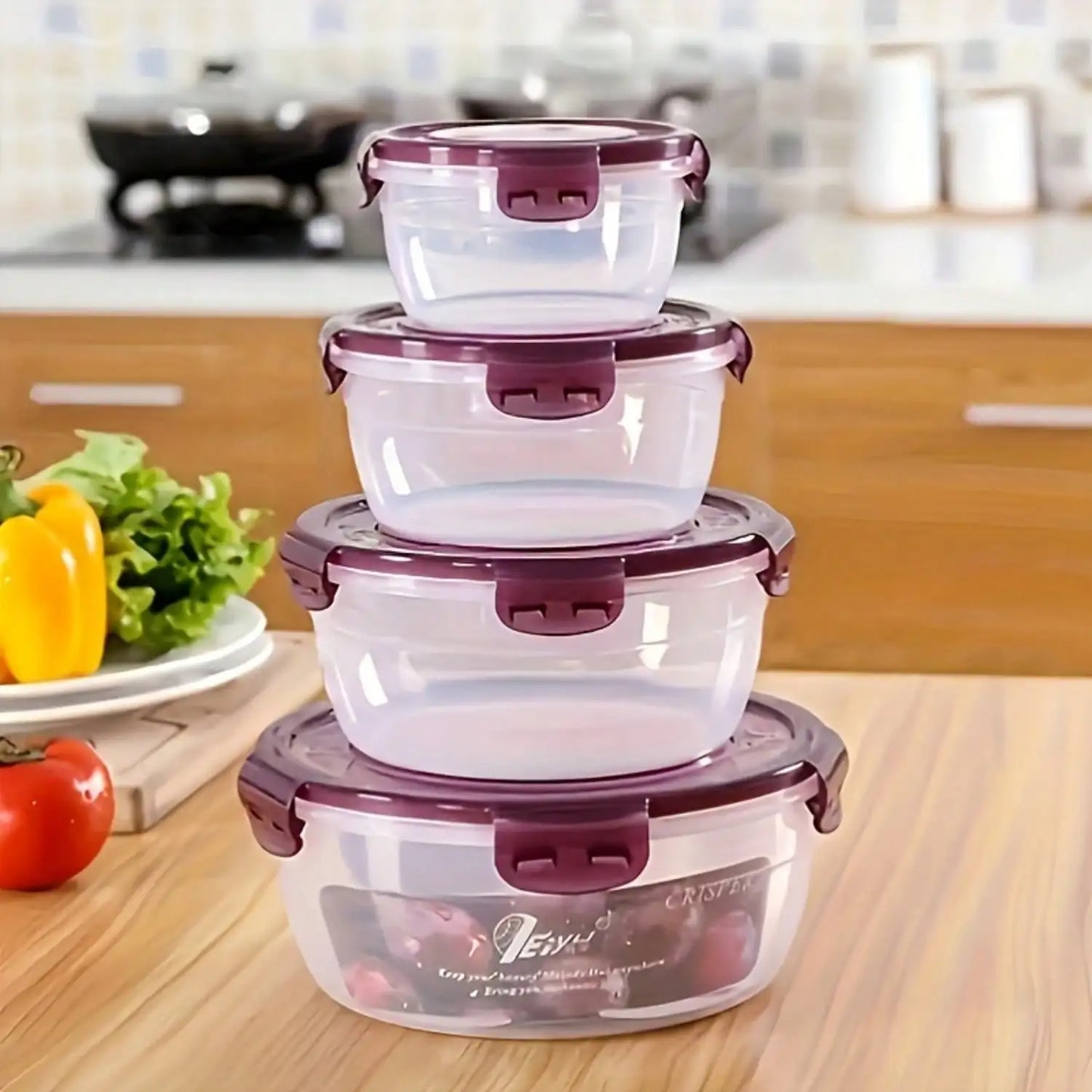 8pcs/set (4 Containers+4 Sealed Lids) - Kitchen Vegetable and Fruit Storage Box, Microwave Safe Round Bento Box