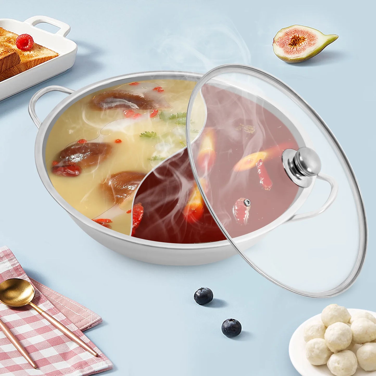 34cm Stainless Steel Shabu Shabu Hot Pot with Divider & Glass Lid Perfect for Family Meals and Versatile Cooking