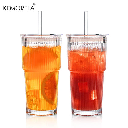 20oz Ribbed Glass Tumblers with Lids & Straws – 2/4-Piece Iced Coffee Glass Set