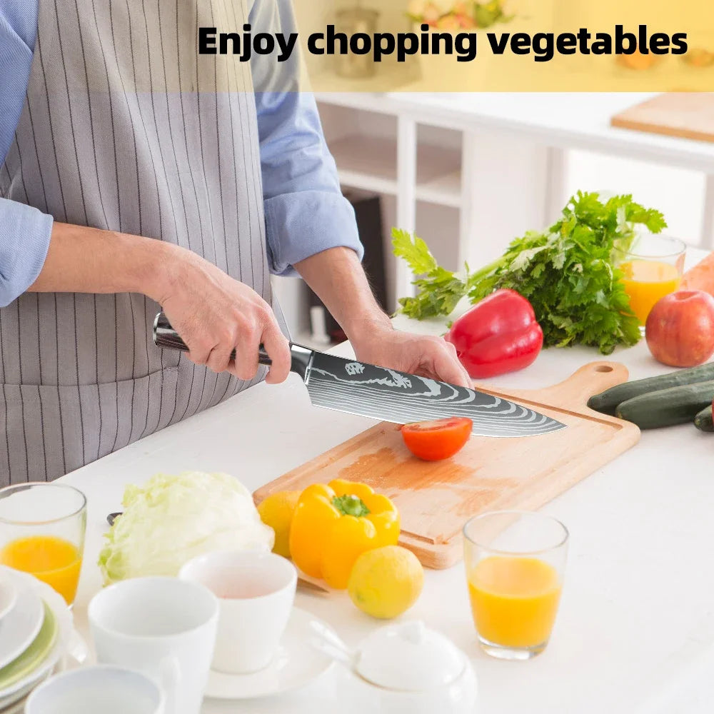 8/10pcs Gift Japanese Kitchen Knives Set Laser Damascus Pattern Chef Knife High Carbon Stainless Steel Sharp Fruit Slicing Knife