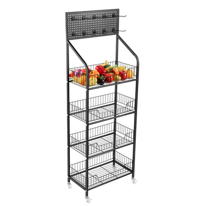 4 Tier Display Snack Rack with Universal Wheels Fruit Vegetable Towel Basket Stand Cart Metal Display Stand