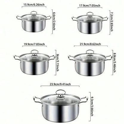 10-Piece Stainless Steel Cookware Set - Soup Pot/Frying Pan/Sauce Pan with Lids, Fit Induction/Electric/Gas Stoves