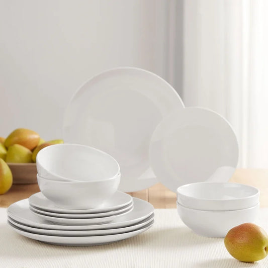 12-Piece White Stoneware Dinnerware Set | Plates & Bowls