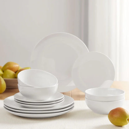 12-Piece White Stoneware Dinnerware Set 4 Dishwasher Microwave Safe Elegant Tableware Bowls Plates Ideal Formal Casual Use