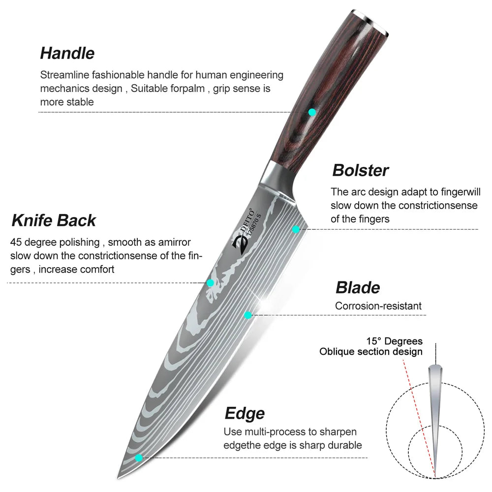 8pcs Kitchen Knife Damascus Stainless Steel Chef Knife Utility Paring Boning Cleaver Slicing Santoku Knives