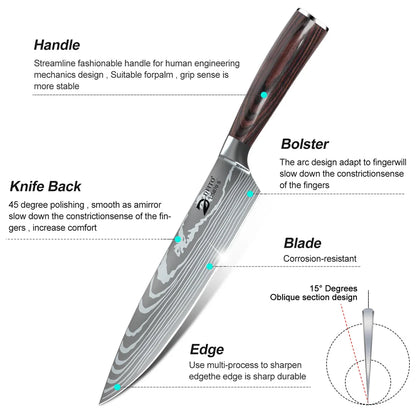 8pcs Kitchen Knife Damascus Stainless Steel Chef Knife Utility Paring Boning Cleaver Slicing Santoku Knives