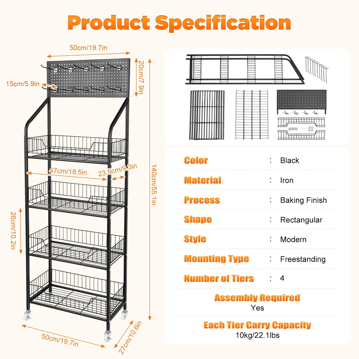 4 Tier Display Snack Rack with Universal Wheels Fruit Vegetable Towel Basket Stand Cart Metal Display Stand