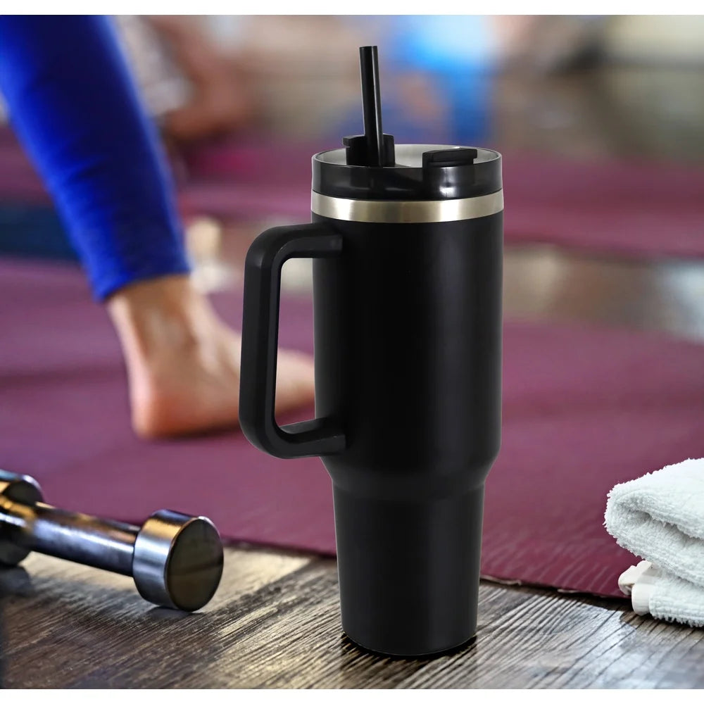 40oz Stainless Steel Tumbler with Handle & Straw – Double-Wall Insulated