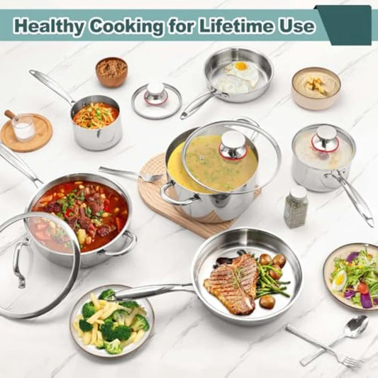 10 Pcs Pots and Pans Set Stainless Steel Cookware Sets for Kitchen Induction Cookware Nontoxic Kitchen Cooking Set w Fry Pans S
