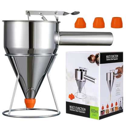Stainless Steel Pancake Batter Dispenser with Stand – Multi-Caliber Funnel Cake Dispenser with 4 Nozzles for Cupcakes, Waffles & Baked Goods
