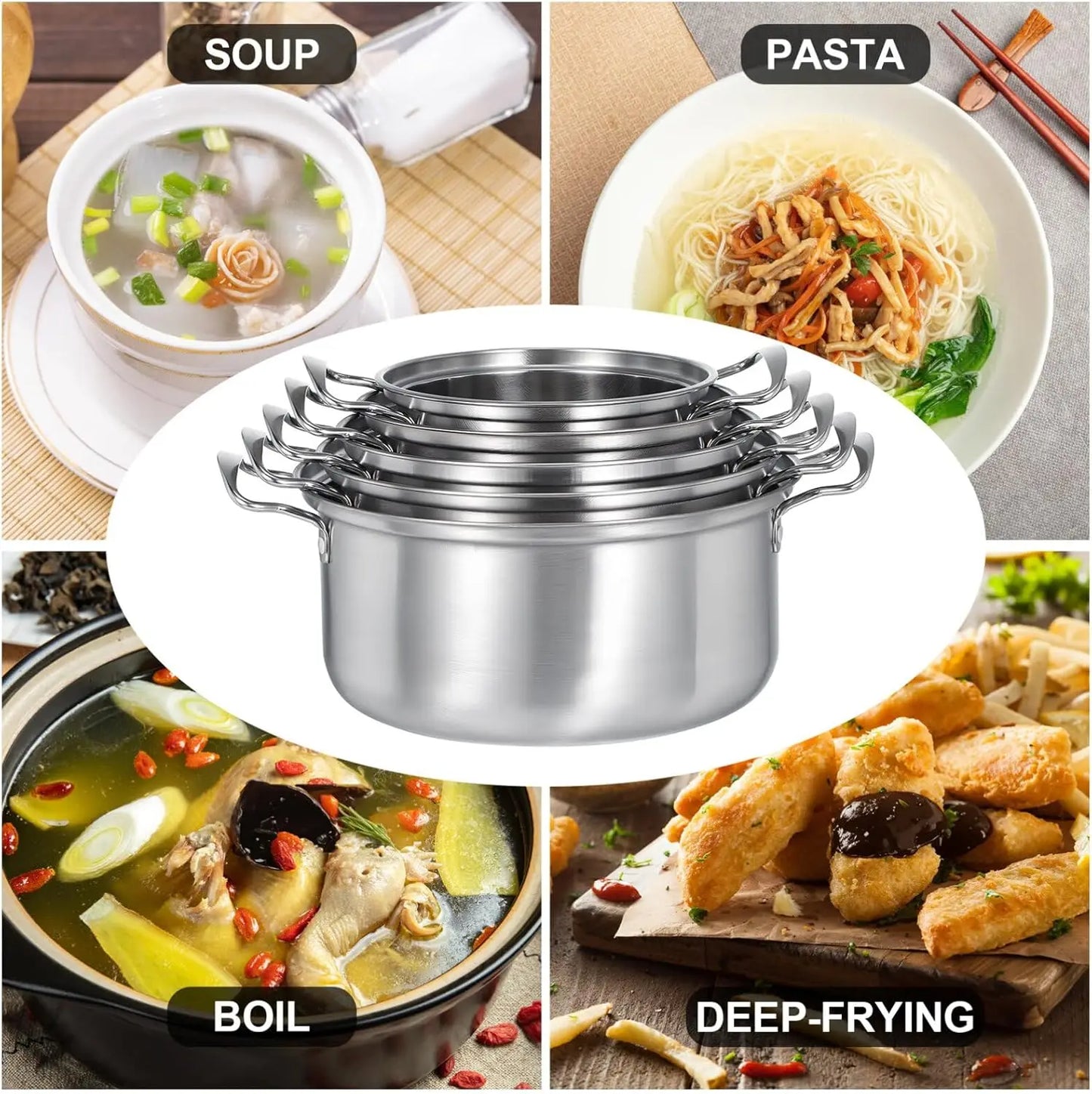 15-Piece Stainless Steel Cookware Set – Non-Stick Pan Set with Skillet, Stew Pot & Multifunctional Wok, Stylish Cookware for Home & Outdoor Use