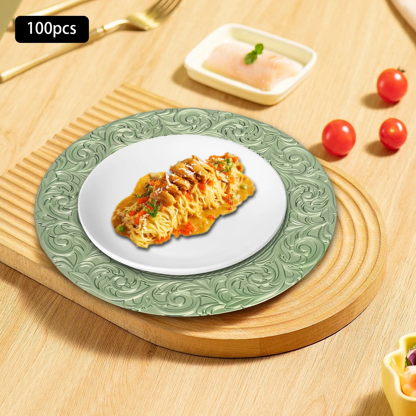 100PCS Charger Plates Set 13 inch Round Charger Plates Kitchen Dish Charger for Wedding Party Decoration Silver/Green