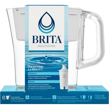 Small 6 Cup Bright White Water Filter Pitcher with Standard Filter, BPA-Free for Clean Drinking Water, Compact Fridge Design