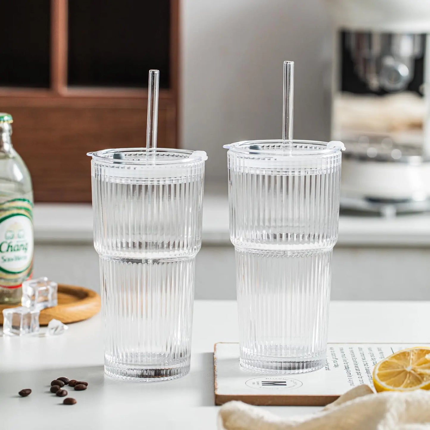 20oz Ribbed Glass Tumblers with Lids & Straws – 2/4-Piece Iced Coffee Glass Set
