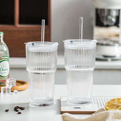 20oz Ribbed Glass Tumblers with Lids & Straws – 2/4-Piece Iced Coffee Glass Set