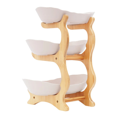 3-Tier Fruit Plate,Snack Dessert Cake Tray Plate Rack for Party Wedding,Fruit Bowl W/ Bamboo Wood Stand,Candy Dish Cake Stand
