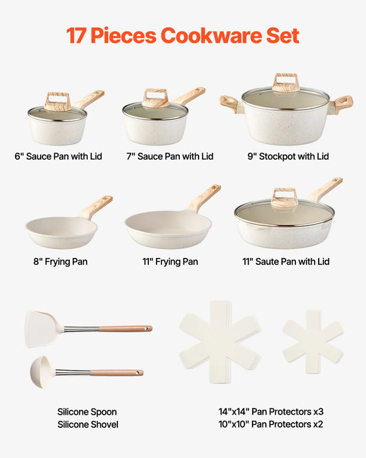 VEVOR 17-Piece Granite Nonstick Cookware Set with Glass Lids & Pan Protectors