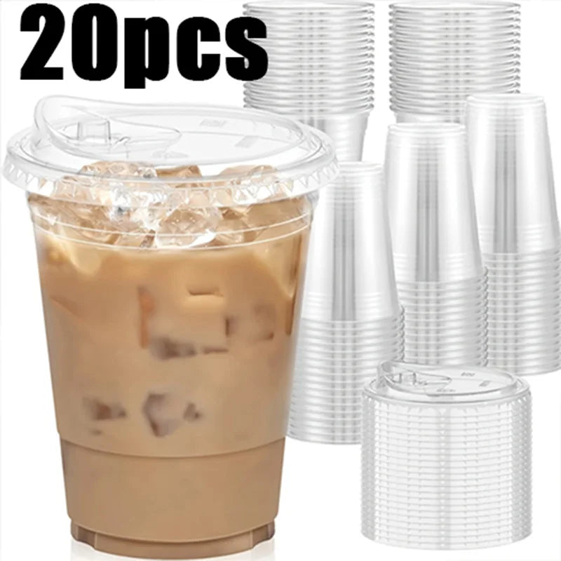 20-Piece Disposable Coffee Cups with Direct-Drink Lids – Leakproof PET Cups