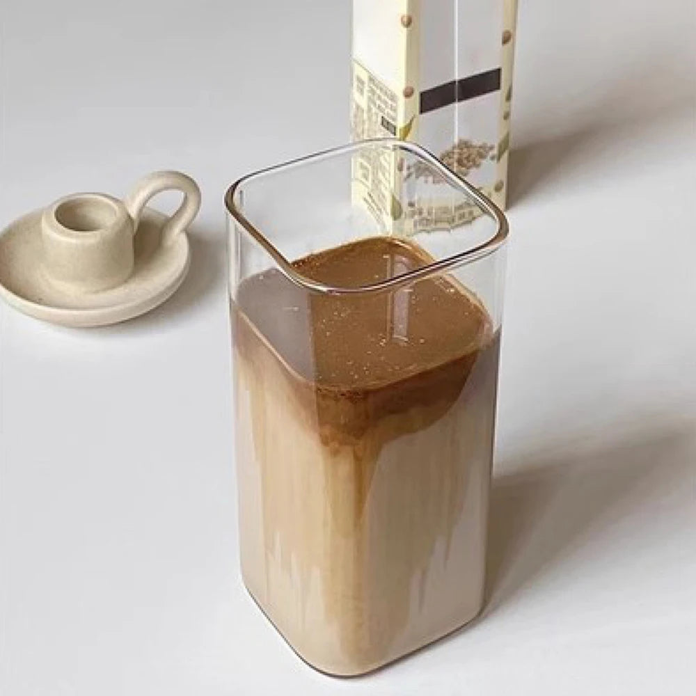 2Pcs Transparent Square Glass Cup with Lid and Straw Creative Hot and Cold Drink Glass Cup Home Bar Milk Juice Mug
