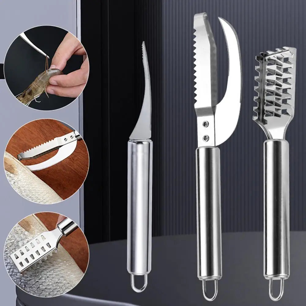 Fish Scale Remover & Shrimp Deveiner Tool – Stainless Steel Scaler Knife, Skin Brush & Kitchen Tweezers for Seafood Cleaning