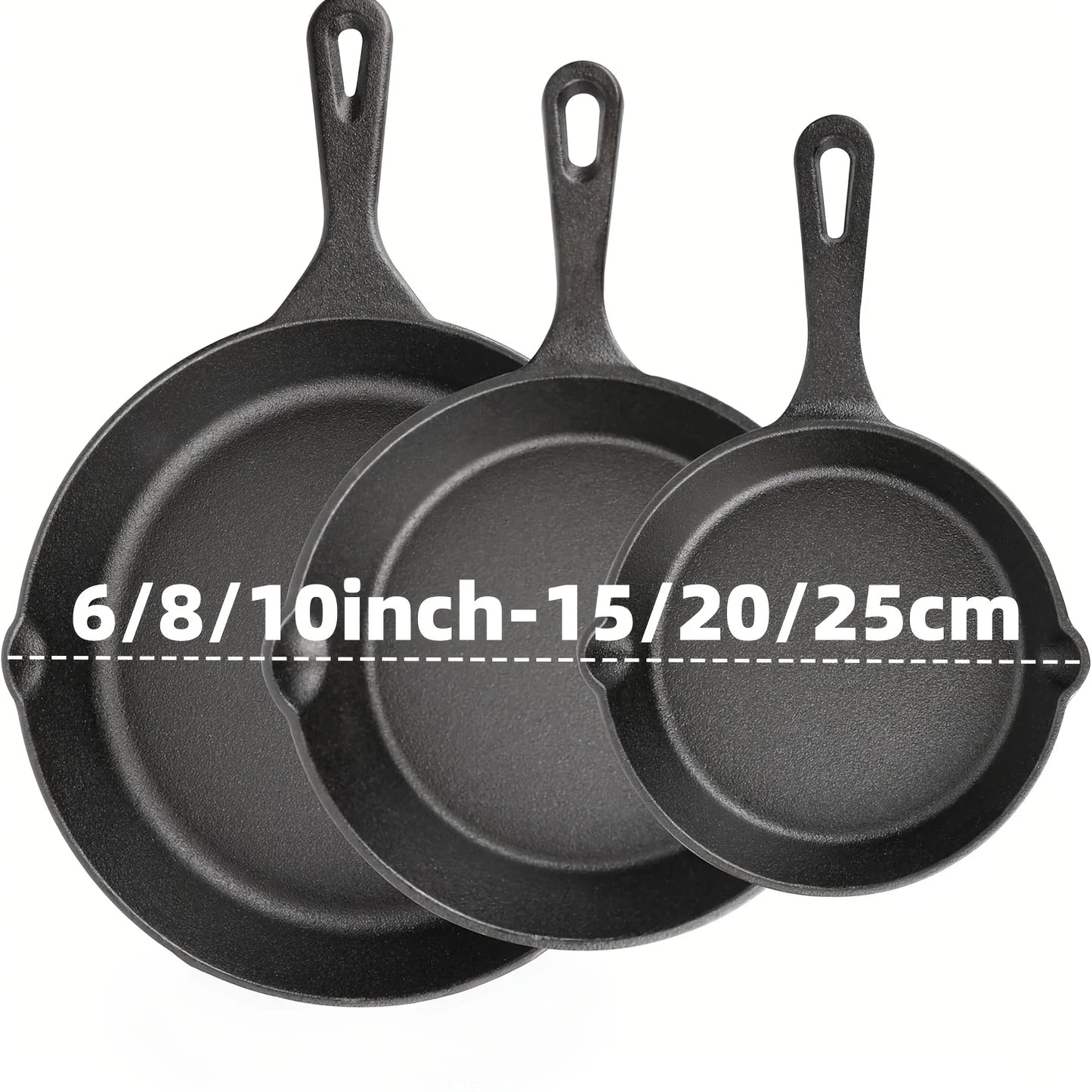 3PCS Pre-Seasoned Cast Iron Skillet Set (6/8/10 Inch) – Heavy-Duty Frying Pans for Oven, Grill & Campfire Cooking, Even Heat with Natural Non-Stick Surface