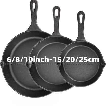 3PCS Pre-Seasoned Cast Iron Skillet Set (6/8/10 Inch) – Heavy-Duty Frying Pans for Oven, Grill & Campfire Cooking, Even Heat with Natural Non-Stick Surface