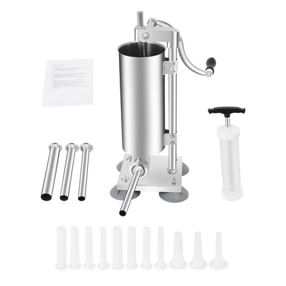 3L Stainless Steel Manual Sausage Stuffer – Vertical Sausage Maker with 11 Filling Tubes