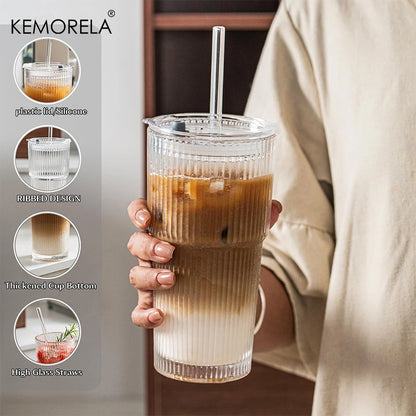 20oz Ribbed Glass Tumblers with Lids & Straws – 2/4-Piece Iced Coffee Glass Set