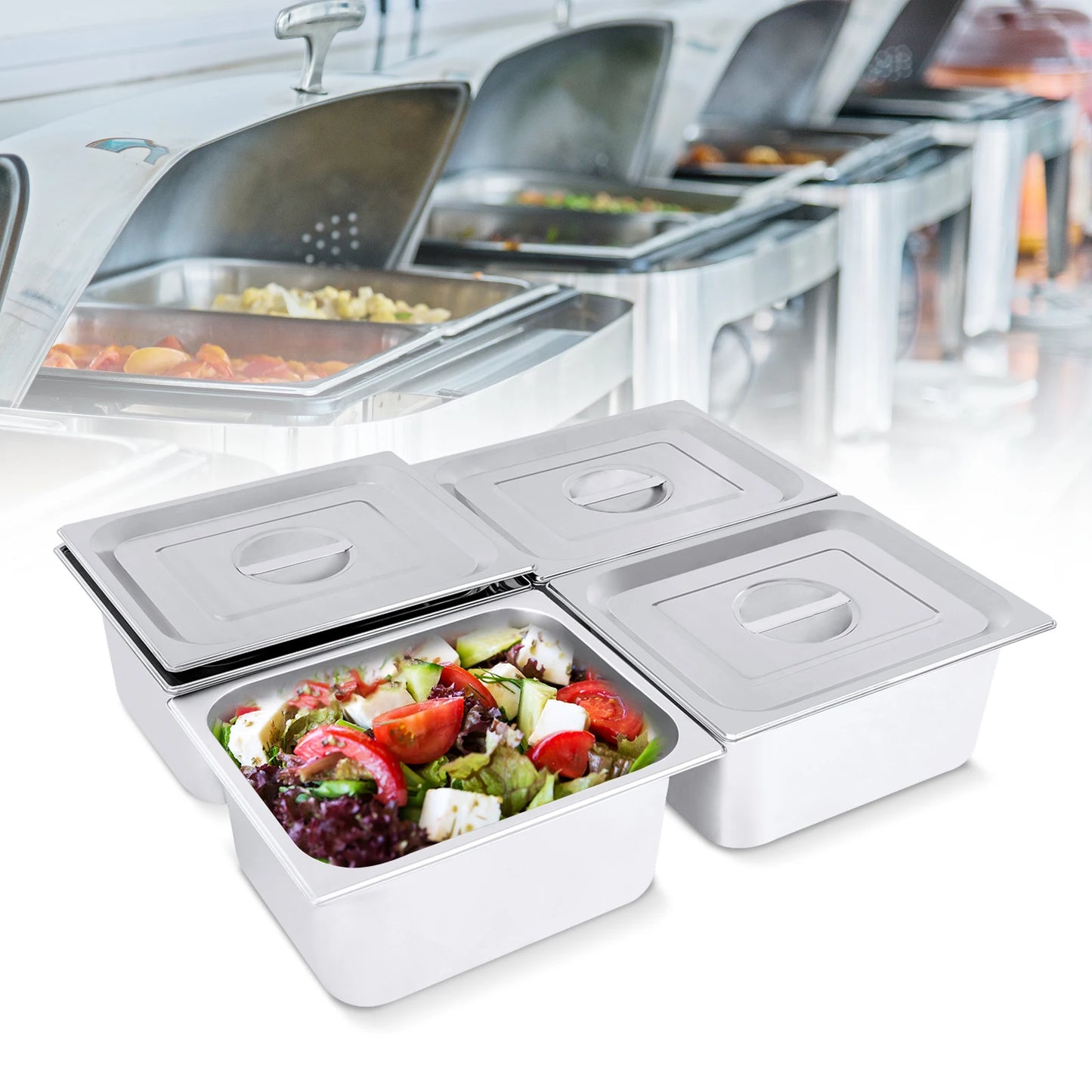 Stainless Steel Steam Table Pans, 7L Capacity, 6in Depth, Set of 4 with Lid for Food Display and Protection