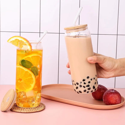 4-Piece 18.6oz Glass Cup Set with Bamboo Lids & Straws – Iced Coffee & Tea Glasses