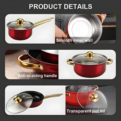 12-Piece Red Stainless Steel Cookware Set – Non-Stick Pots & Pans, Stylish Kitchen Cookware Collection for a Complete Cooking Solution