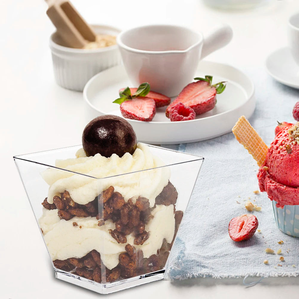 60ml Dessert Bowl with Spoon Set Square Mini Dessert Cups Disposable Supplies Reusable Accessories for Tasting Pudding Yogurt