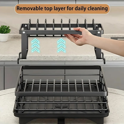 Double-tier extendable dish drainer, suitable for kitchen worktops as a large-capacity utensil rack and draining board.