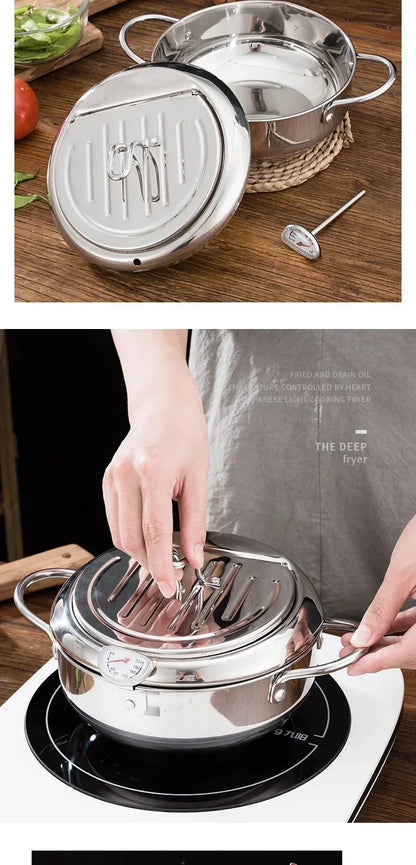 Multifunctional deep fryer with Thermometer and Oil Drip Drainer Rack Household Double Bottom Gas Induction Cooker Kitchen Tools