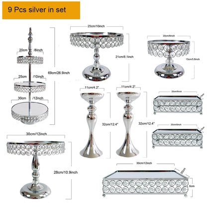 6Pcs-9PcsCake Stand Set with Crystal Beaded Mirror Metal Dessert Table Display Stands Cupcake Holder for Birthday Party Festival